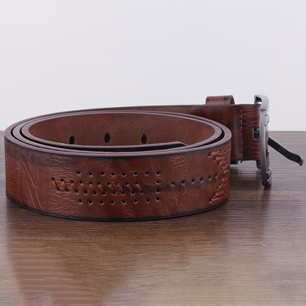 Men's Vintage Brown Faux Leather Belt with Metallic Buckle